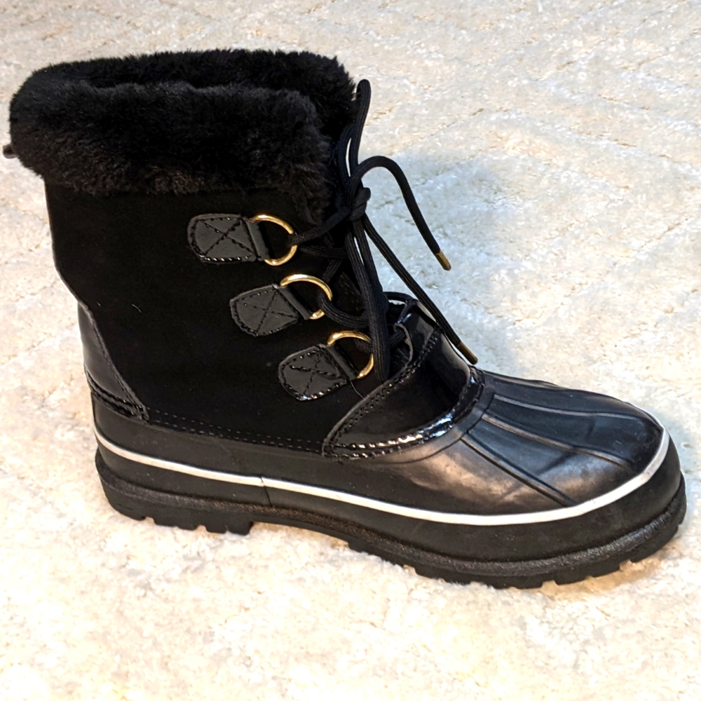 Weatherproof Quaker Black Leather Upper Lace Up Duck Boots, 9